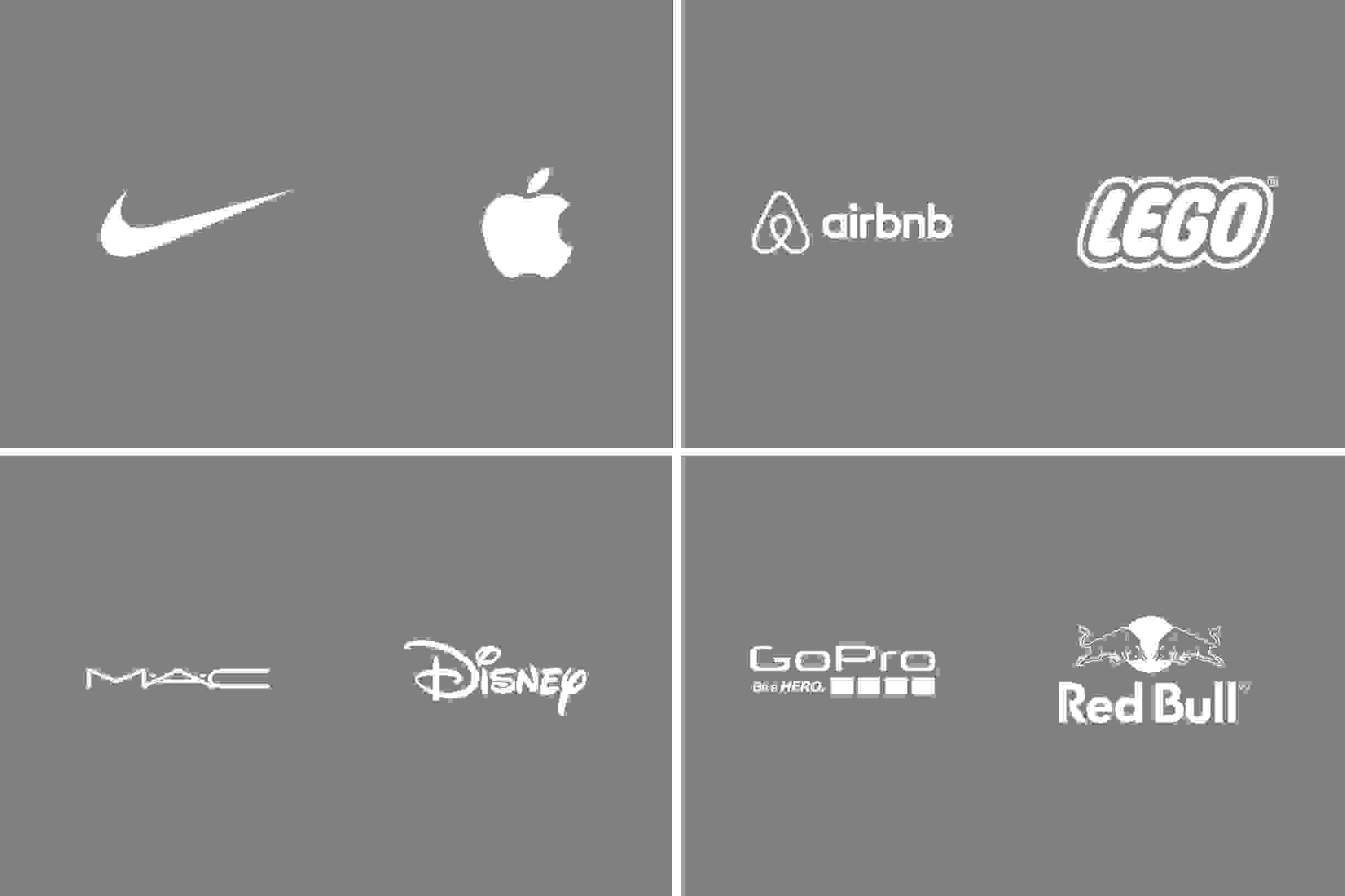 Nike, Apple, Airbnb, Lego, Mac, Disney, GoPro and Red Bull logo